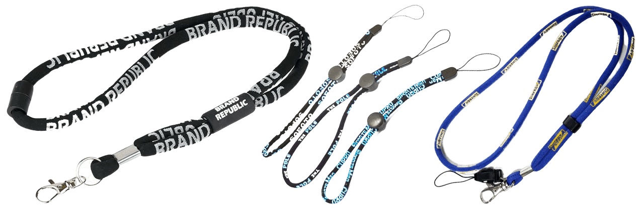 Corded lanyards in various design examples and different accessories pictured.