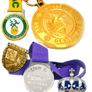 Various custom medal designs with attached ribbons. One has a gold plating and the other one has silver.