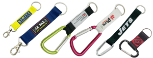 Various designs of custom made short lanyards for keyrings.