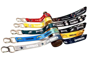 Examples of full-colour heat transfer lanyards for alcohol promotions, featuring bottle opener attachments.