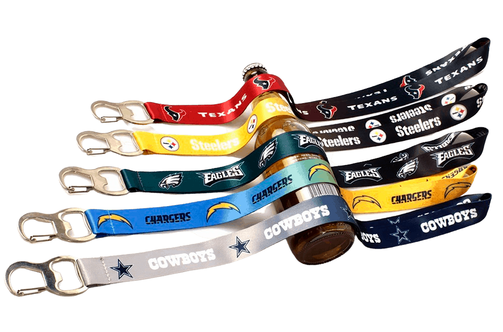 Examples of heat transfer lanyards with various coloured materials and logo designs. All feature a bottle opener as the metal accessory.