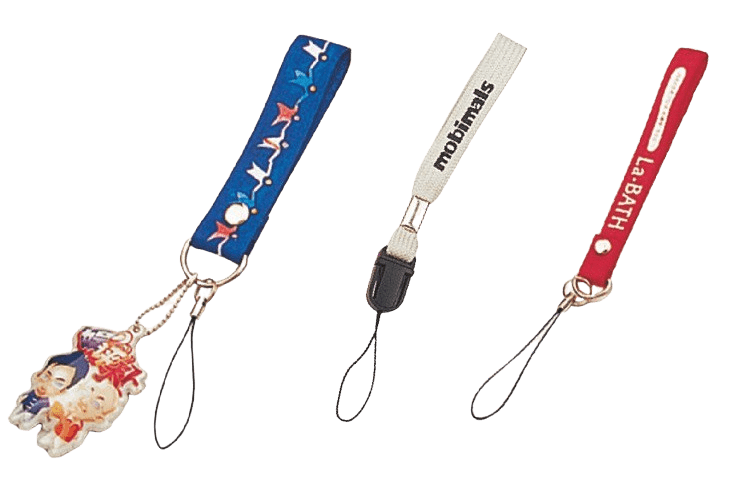 Keyring lanyards in various designs with mobile phone strings.