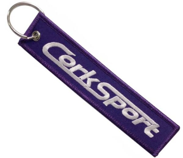 Puple embroidered keyring with 1 colour logo.