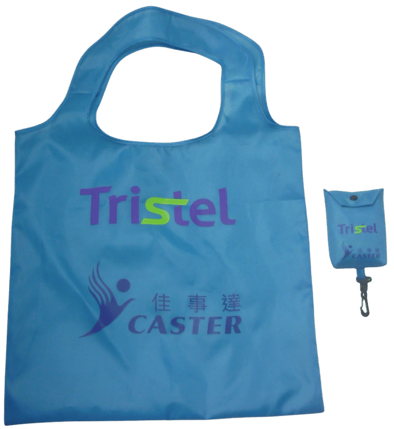 Custom light blue foldable shopping bag with the Tristel and Caster logos, made from lightweight polyester.