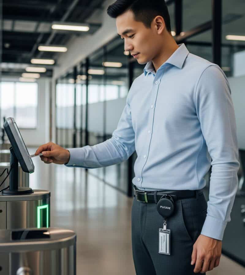 A person in a corporate office using a retractable ID badge reel to scan their access card. The focus is on the branded pull reel attached to their be