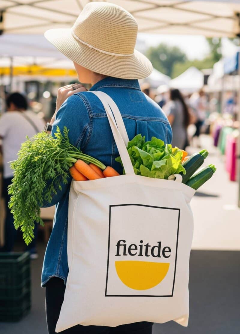 A person at an outdoor farmer's market carrying a durable, custom printed cotton shopping bag filled with fresh produce.