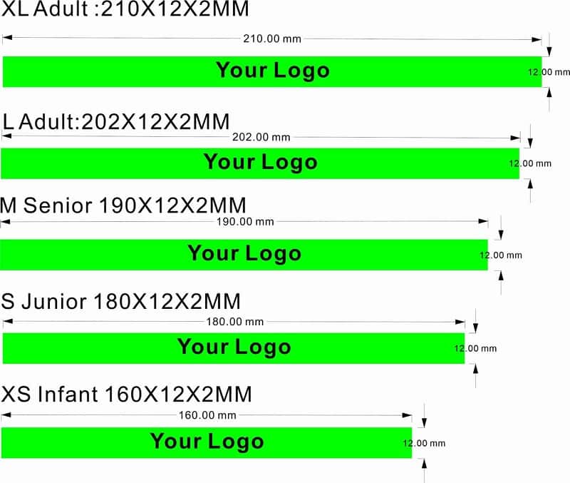 This shows all the available sizes which custom silicone wristbands can be ordered in. Sizes range from Infant to Adult.

