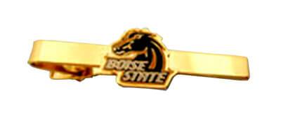 A gold plated custom tie bar with a horse image in the logo.