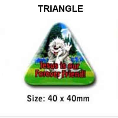 Example of a triangle shaped button badge with a cartoon picture printed in full colour. These triangle button badges ares available in the size of 40 x 40mm from QW Direct.