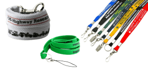 Examples of custom tube lanyards in various colours and styles, showcasing different logos and attachments.