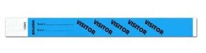 Blue disposable wristbands with Visitor printed in black and spot to write your name. 
