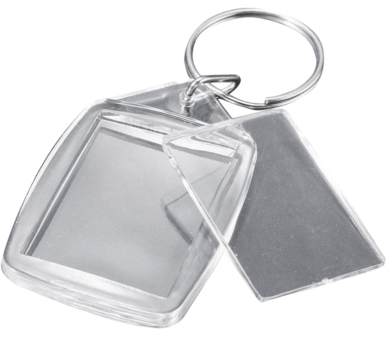This is a rectangle shaped blank acrylic keyrings in size of 5.5 x 4.2cm and showing protective plastic window open.