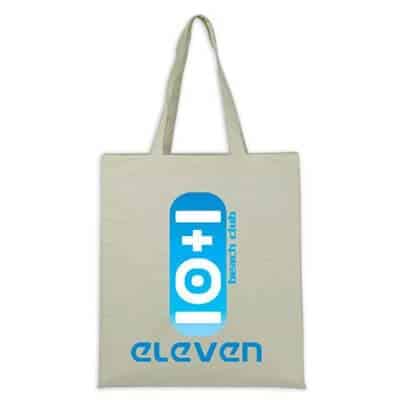 A printed cotton bag with a two colour logo applied in blue and white.
