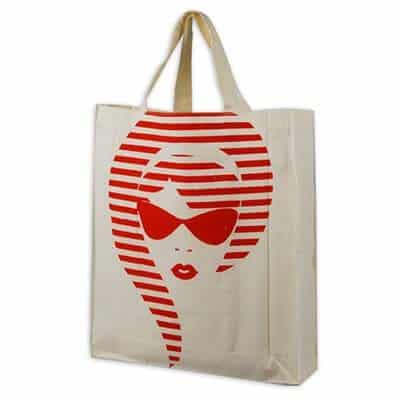 Custom cotton bag with 1 colour logo applied in red.