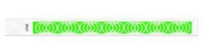 Bright green disposable wristbands with a bright circular green pattern.