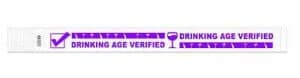 Purple Drinking Age Verified disposable wristbands. 