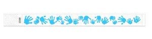 Disposable wristbands with light blue hand images. 