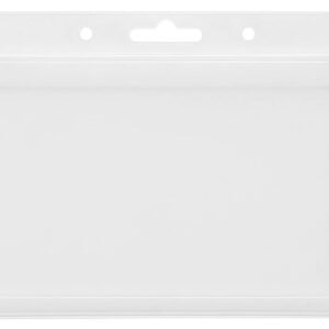 A clear plastic ID window (model ID-01) in a horizontal orientation, showing the pre-punched slot and corner holes for lanyard clips.