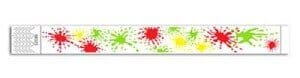 Red, yellow and green paint splatter disposable wristbands. 
