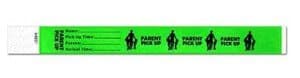 Bright green parent pickup disposable wristbands.