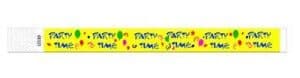 Cusotm party writbands in yellow with Party Time written throughout.
