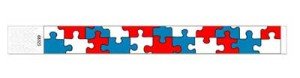 Disposable wristbands wirth blue, white and red jigsaw piece patterns.