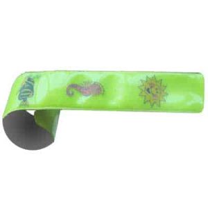 Reflective Green PVC custom slap band with logo printed and metal plate inside.