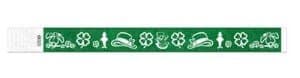 Saint Particks day green disposable wristbands with flower images in white.