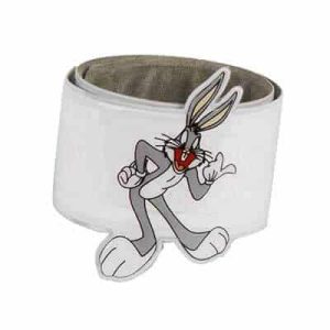Custom slap band with PVC material and off-set printing of a cartoon bunny. It has a steel plate inside and the size is 3 x 30 cm.