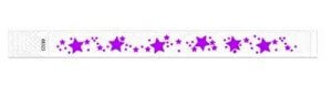 Disposable wristbands with purple stars in small and big sizes. 