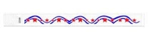 Stripes and stars one tme wristbands with red stars and interjoining line formation.