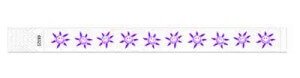 Disposable wristbands with purple stars. They feature a smiley face in the middle.