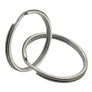 This image is of two 25 mm diameter split rings linked in together. They are made from iron metal and have a shiny nickel plating which forms a shiny silver finish.