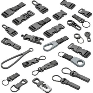 Three different styles of black plastic lanyard buckles, including a side-release buckle and a swivel buckle with a logo.