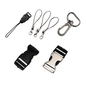 Various metal and plastic lanyard accessories including mobile string, metal swivel hook, and manual release breakaway clips.