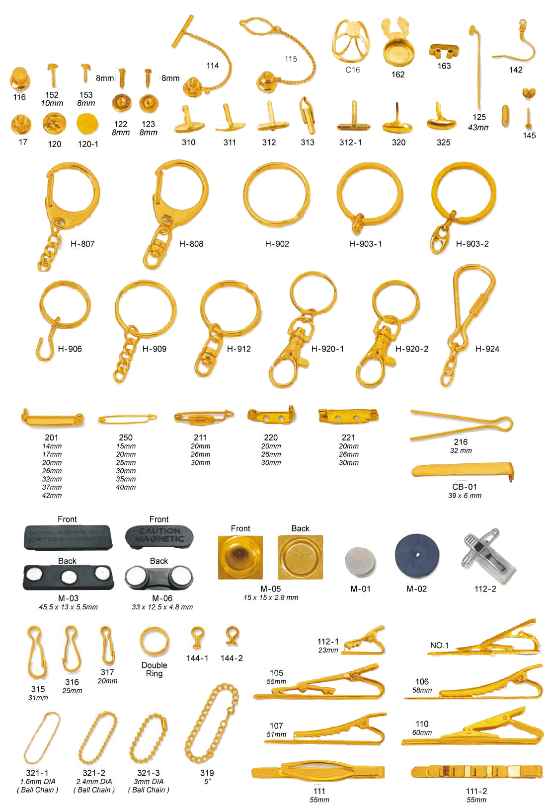 Metal accesories in various models, styles and plating. These include metal keyring accessories, tie bars, split rings, sealed rings, chains, and various metal clips. 