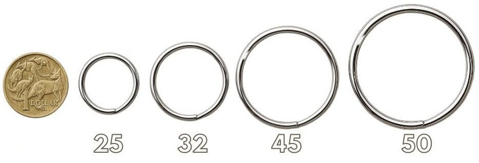 A size comparison chart showing various split ring diameters (25mm to 50mm) lined up next to an Australian one dollar coin for scale reference.