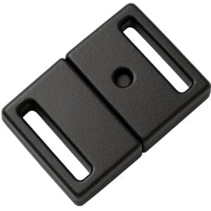 A high-quality studio photograph of a standard black plastic lanyard safety breakaway clip, showing its textured finish and clean moulded edges on a white background.