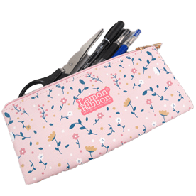 Personalised pencil case in pink with a zipper. It has a multi coloured logo printed on the fabric. 