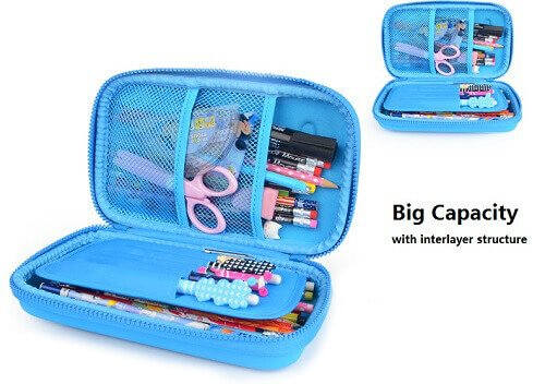 Large blue zip enclosed personalised pencil case with lots of sections.