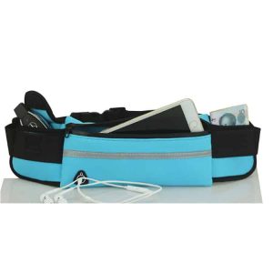 Front view of a fluro blue sports small waist bag.
