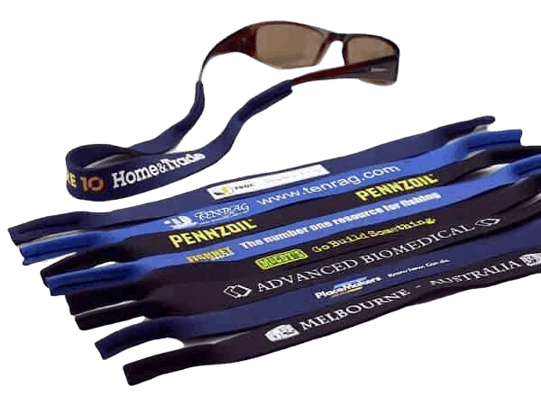 This picture has various examples of neoprene custom sunglasses straps with a printed logo in various colours.