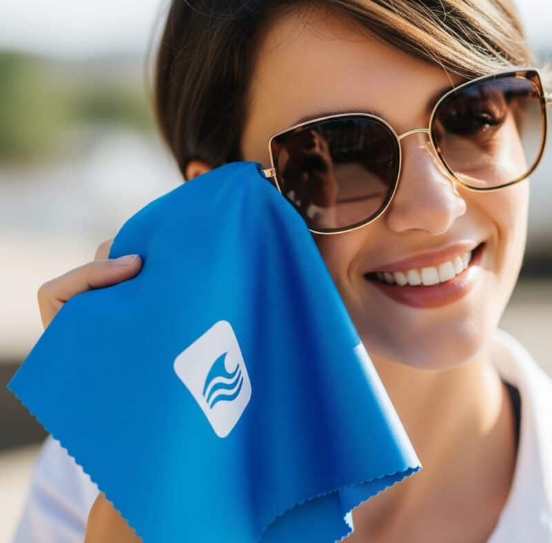 A person smiling while cleaning their sunglasses with a custom-branded blue microfibre cloth.
