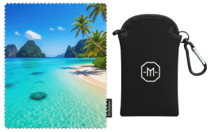 A flat-lay of a custom printed microfibre cloth with a tropical beach scene, shown next to its branded black pouch.