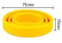A picture of a yellow silicone folding cup. This also shows the dimensions when full foldered.