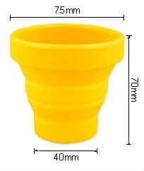 A picture of a yellow silicone folding cup. This also shows the dimensions when full unfoldered.