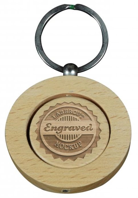 Personalised wooden keyring with a laser cut and engraved logo.