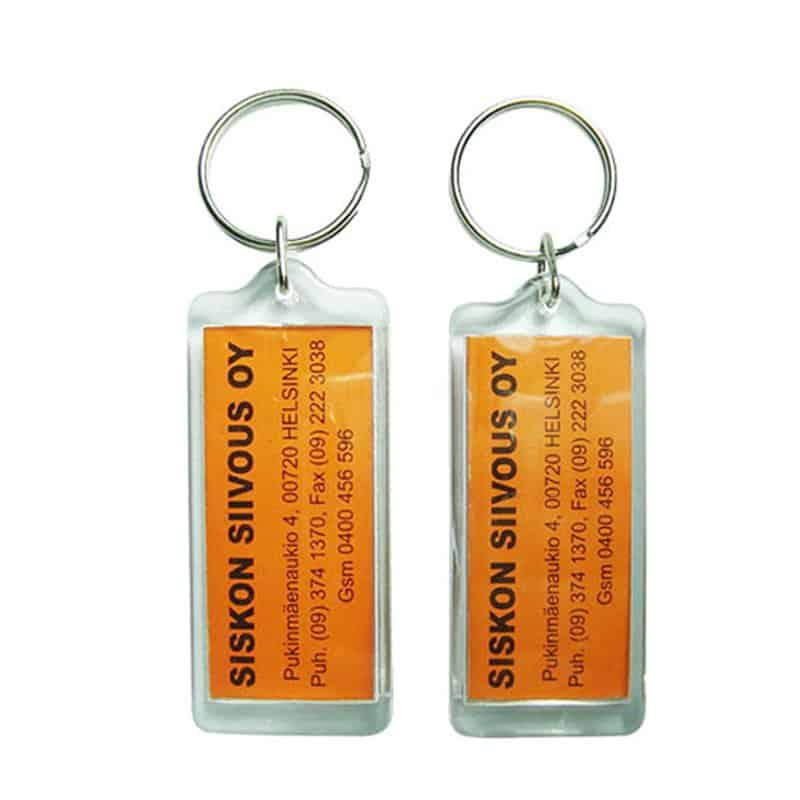 This is an example of a Rectangular Acrylic_Keyring with  1 colour_printed logo insert.