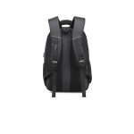 Rear view of a black budget laptop backpack.