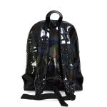 Rear view of a black girls PVC backpack.